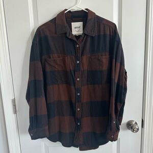 Aerie Anytime Fave Oversized Flannel Shirt Brown & Black Plaid Size Small